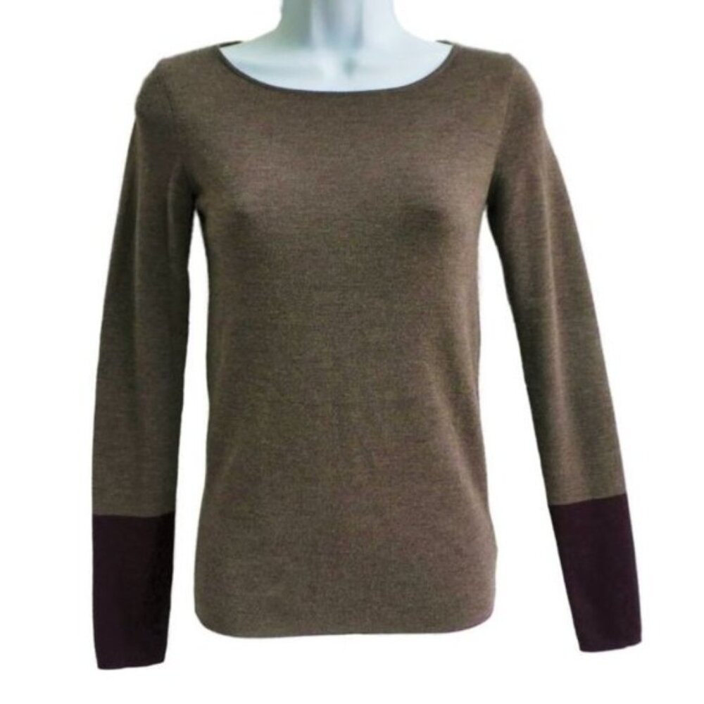 WooL Akris Punto Knit Sweater Pullover Color Block Taupe Maroon Bateau Neck 4